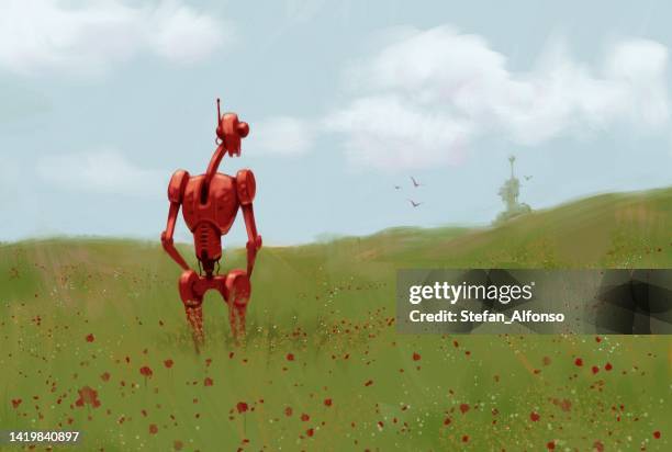 digital painting of lonesome robot on the field - poland landscape stock illustrations