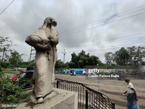 Statue made in memory of those who died, the plaque reads No More Hiroshima, No More Bhopal. The wrecked insecticide manufacturing factory of Union...