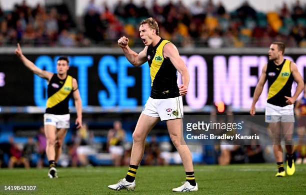 Tom J. Lynch of the Tigers celebrates after kicking a goal during the AFL Second Elimination Final match between the Brisbane Lions and the Richmond...