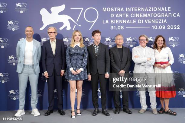 Director Oliver Hermanus, Bill Nighy, Aimee Lou Wood, Alex Sharp, Kazuo Ishiguro, Stephen Woolley and Elizabeth Karlsen attend the photocall for...