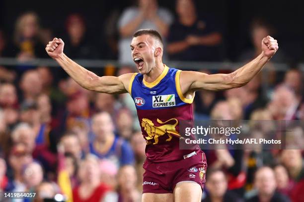 Darcy Wilmot of the Lions celebrates his first goal during the AFL Second Elimination Final match between the Brisbane Lions and the Richmond Tigers...