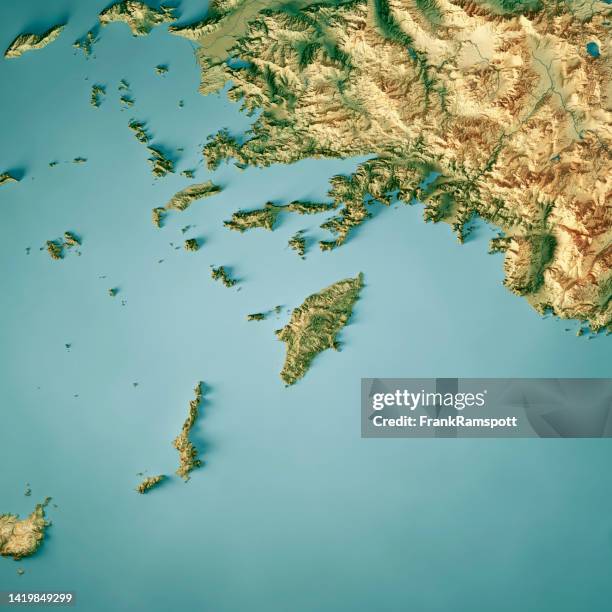 rhodes island 3d render topographic map color - patmos greece stock pictures, royalty-free photos & images