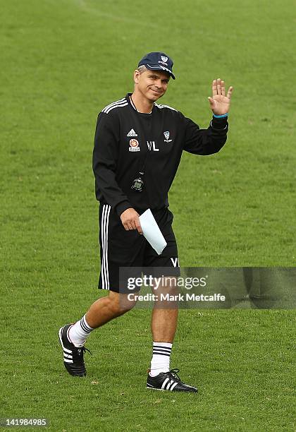 Sydney Coach Vitezslav Lavicka smiles and waves to media during a Sydney FC training session at Macquarie Uni on March 28, 2012 in Sydney, Australia.