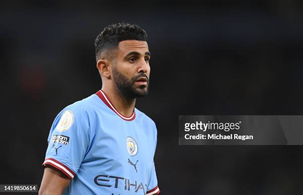 Riyad Mahrez of Manchester City in action during the Premier League match between Manchester City and Nottingham Forest at Etihad Stadium on August...