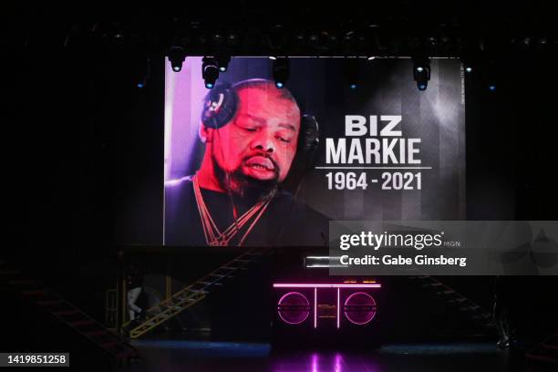 Tribute to Biz Markie is displayed during the premiere of "Boombox! A Vegas Residency on Shuffle" at Westgate Las Vegas Resort & Casino on August 31,...