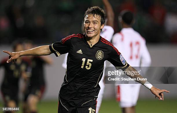 Erick Torres of Mexico celebrates after scoring the game's only goal in the stoppage time against Panama during the sixth day of 2012 CONCACAF Men's...