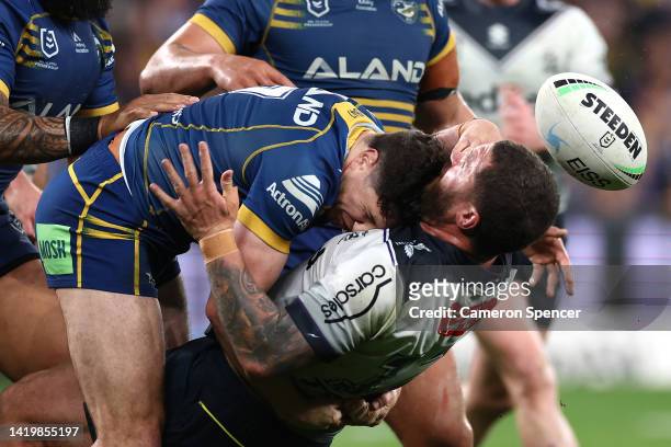 Kenneath Bromwich of the Storm is tackled by Mitchell Moses of the Eels during the round 25 NRL match between the Parramatta Eels and the Melbourne...