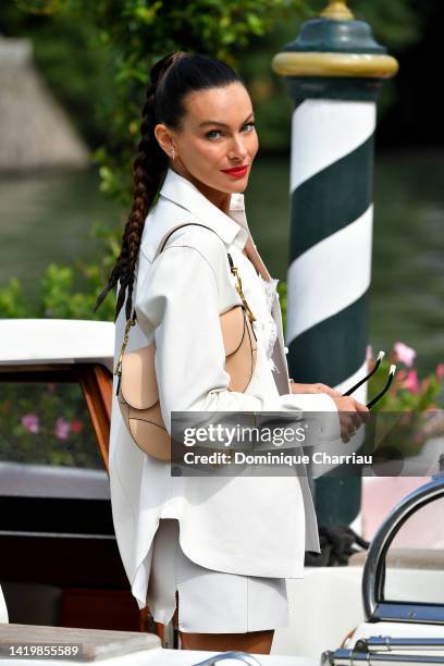 Paola Turani is seen arriving at the Excelsior Pier during the 79th Venice International Film Festival on September 01, 2022 in Venice, Italy.