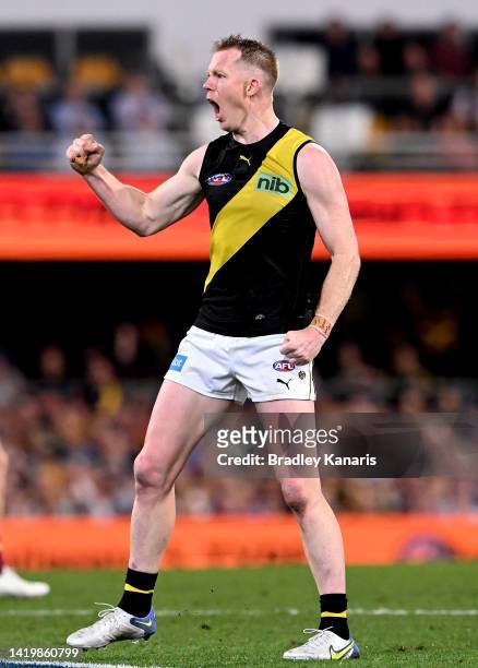 Jack Riewoldt of the Tigers celebrates after kicking a goal during the AFL Second Elimination Final match between the Brisbane Lions and the Richmond...
