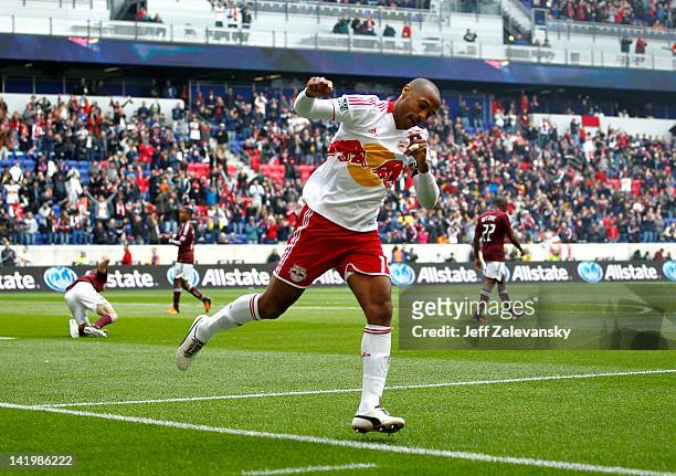 Thierry Henry of the New York Red Bulls celebrates his goal against the Colorado Rapids during their game at Red Bull Arena on March 25, 2012 in...