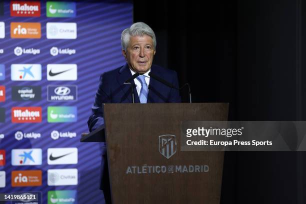 Enrique Cerezo, President of Atletico de Madrid, attends during the presentation of Sergio Reguilon as a new player of Atletico de Madrid at Civitas...