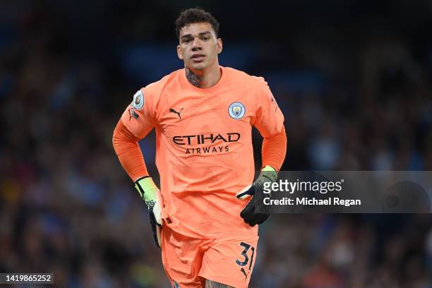 Ederson of Manchester City in action during the Premier League match between Manchester City and Nottingham Forest at Etihad Stadium on August 31,...