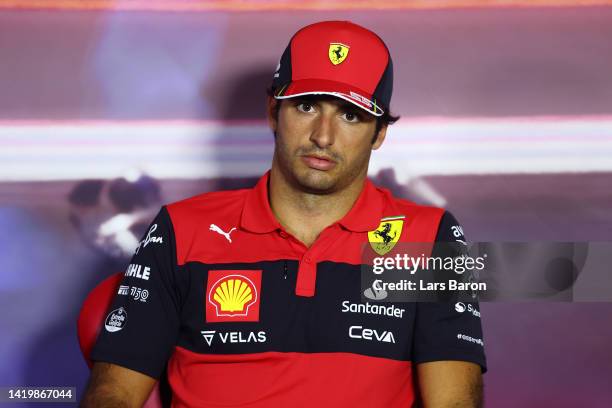 Carlos Sainz of Spain and Ferrari attends the Drivers Press Conference during previews ahead of the F1 Grand Prix of The Netherlands at Circuit...