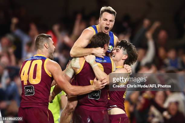 Joe Daniher of the Lions celebrates a goal during the AFL Second Elimination Final match between the Brisbane Lions and the Richmond Tigers at The...