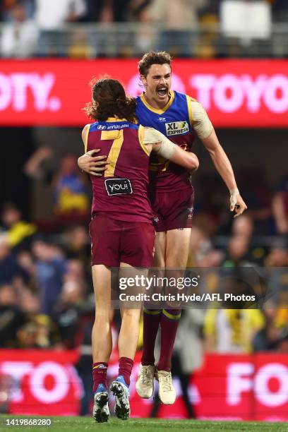 Joe Daniher of the Lions celebrates winning the AFL Second Elimination Final match between the Brisbane Lions and the Richmond Tigers at The Gabba on...