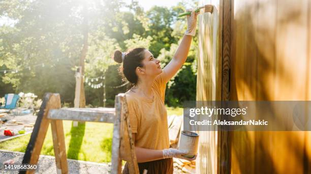 painting a garden house - coating stockfoto's en -beelden