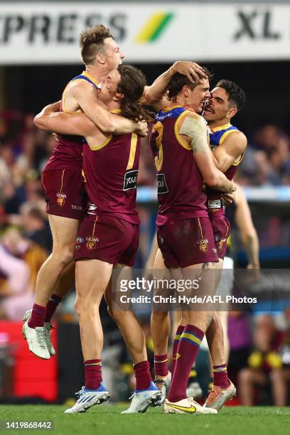 Lions celebrate winning the AFL Second Elimination Final match between the Brisbane Lions and the Richmond Tigers at The Gabba on September 01, 2022...