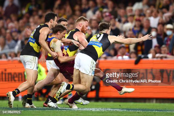 Joe Daniher of the Lions kicks the winning goal during the AFL Second Elimination Final match between the Brisbane Lions and the Richmond Tigers at...