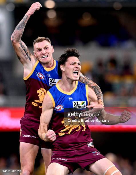 Eric Hipwood of the Lions celebrates after kicking a goal during the AFL Second Elimination Final match between the Brisbane Lions and the Richmond...