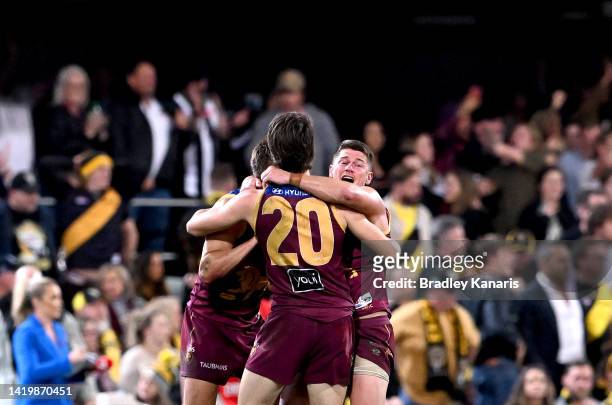 Dayne Zorko and Jaxon Prior of the Lions celebrate victory after the AFL Second Elimination Final match between the Brisbane Lions and the Richmond...