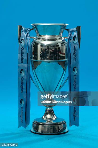 The Gallagher Premiership Trophy is seen during the Gallagher Premiership Rugby Season Launch at Twickenham Stadium on September 01, 2022 in London,...