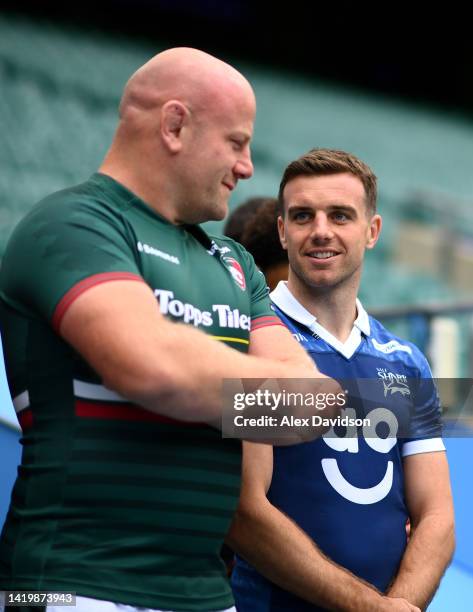 George Ford of Sale Sharks speaks to Dan Cole of Leicester Tigers during the Gallagher Premiership Rugby Season Launch at Twickenham Stadium on...