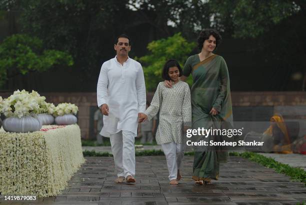 Daughter Priyanka Gandhi with husband Robert Vadra and daughter at the memorial of the former Prime Minister and her father Rajiv Gandhi to mark his...