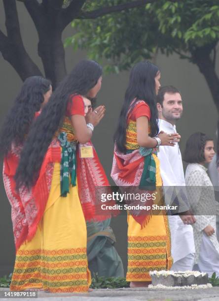 Son Rahul Gandhi at the memorial of the former Prime Minister and his father Rajiv Gandhi to mark his death anniversary at Shakti Sthal in New Delhi .