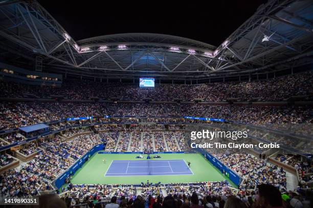 August 31: A general view of Serena Williams of the United States in action against Anett Kontaveit of Estonia on Arthur Ashe Stadium in the Women's...