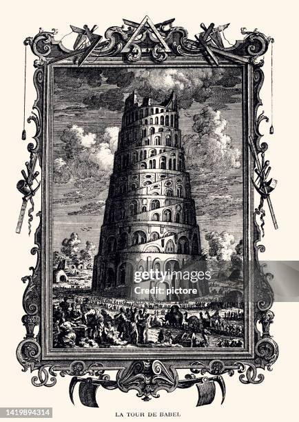 the tower of babel - la tour de babel :  symbol of utopia -symbole de l'utopie (xxxl with many details) - tall stock illustrations stock illustrations
