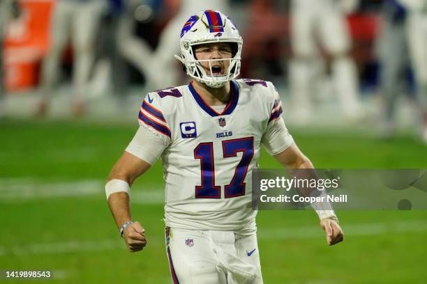 Josh Allen of the Buffalo Bills celebrates during an NFL game against the San Francisco 49ers on December 07, 2020 in Glendale, Arizona.