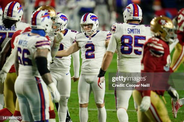 Tyler Bass of the Buffalo Bills celebrates with teammates during an NFL game against the San Francisco 49ers on December 07, 2020 in Glendale,...