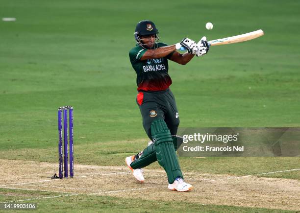 Shakib Al Hasan of Bangladesh bats during the DP World T20 match between Sri Lanka and Bangladesh at Dubai International Stadium on September 01,...