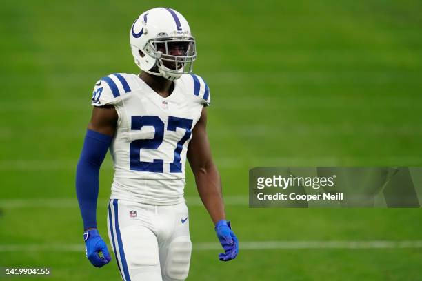 Xavier Rhodes of the Indianapolis Coltswaits during a stop in play during an NFL game against the Las Vegas Raiders on December 13, 2020 in Las...