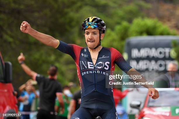 Richard Carapaz of Ecuador and Team INEOS Grenadiers celebrates at finish line as stage winner during the 77th Tour of Spain 2022, Stage 12 a 192,7km...