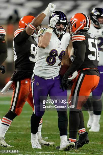 Mark Andrews of the Baltimore Ravens celebrates during an NFL game against the Cleveland Browns on December 14, 2020 in Cleveland, Ohio.