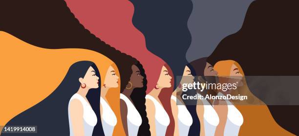 multi-ethnic group. beautiful women with long and abstract hair. the power of women. - multiculturalism faces stock illustrations