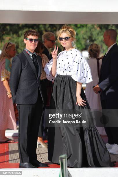Alex Sharp and Aimee Lou Wood are seen arriving at the Excelsior pier during the 79th Venice International Film Festival on September 01, 2022 in...