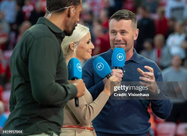 Sport presenters Rio Ferdinand, Lynsey Hipgrave and Shay Given before the Premier League match between Liverpool FC and Newcastle United at Anfield...