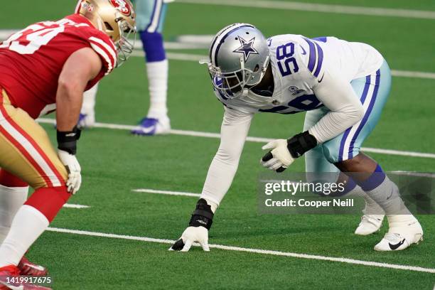 Aldon Smith of the Dallas Cowboys gets set on the line of scrimmage during an NFL game against the San Francisco 49ers on December 20, 2020 in...