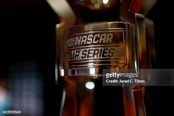 Detail of the Bill France Cup is seen prior to the NASCAR Cup Series Playoff Media Day at Charlotte Convention Center on September 01, 2022 in...
