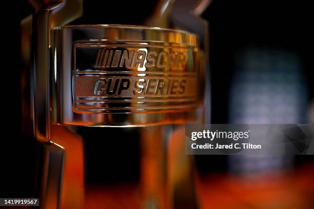 Detail of the Bill France Cup is seen prior to the NASCAR Cup Series Playoff Media Day at Charlotte Convention Center on September 01, 2022 in...