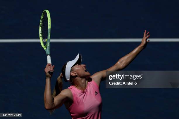 Aliaksandra Sasnovich serves against Jessica Pegula of the United States during their Women's Singles Second Round match on Day Four of the 2022 US...