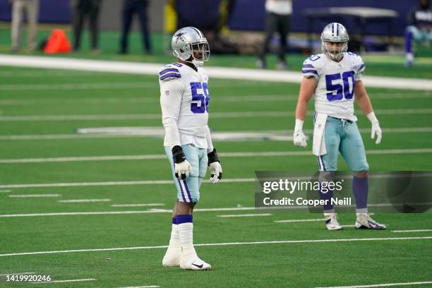 Aldon Smith of the Dallas Cowboys looks on during an NFL game against the San Francisco 49ers on December 20, 2020 in Arlington, Texas.