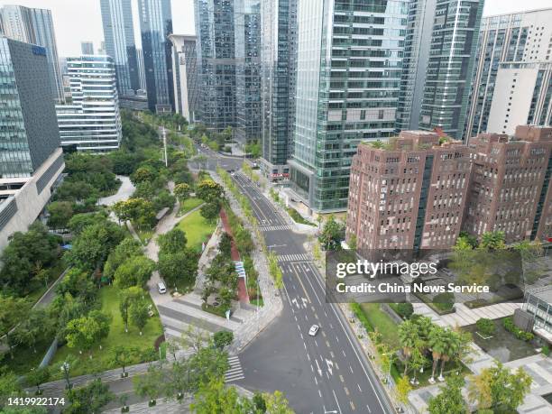 Aerial view of near-empty streets as Chengdu imposes city-wide static control to curb new COVID-19 outbreak on September 1, 2022 in Chengdu, Sichuan...