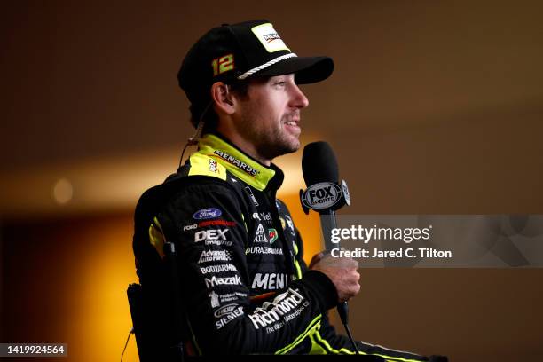 Driver Ryan Blaney speaks with the media during the NASCAR Cup Series Playoff Media Day at Charlotte Convention Center on September 01, 2022 in...