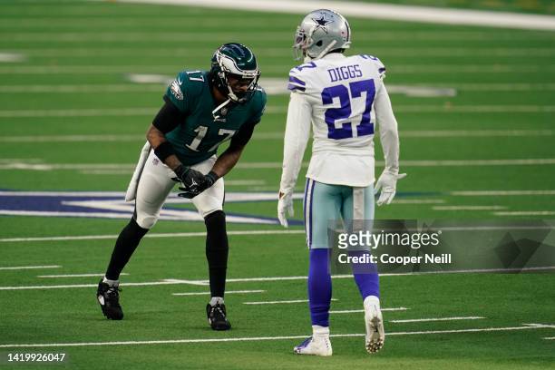 Alshon Jeffery of the Philadelphia Eagles gets set on the line of scrimmage during an NFL game against the Dallas Cowboys on December 27, 2020 in...