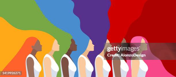 pride parade. colorful lgbt pride month banner. multi-ethnic group. beautiful women with long and abstract hair. - lesbian stock illustrations