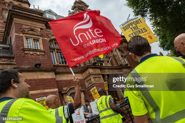 Striking refuse and recycling workers organised by the UNITE trade union protest outside Newham Town Hall to demand a better pay offer on September...