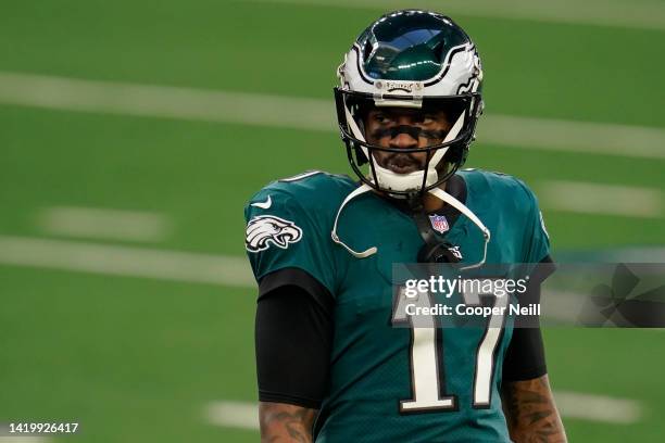 Alshon Jeffery of the Philadelphia Eagles looks on during an NFL game against the Dallas Cowboys on December 27, 2020 in Arlington, Texas.